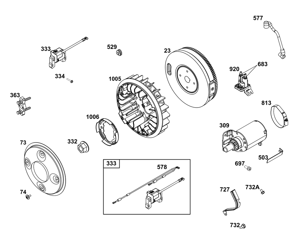 Flywheel, Ignition, And Starter Group Diagram and Parts List for 386447-3312-G1 200000 - 399999 Briggs and Stratton Engine